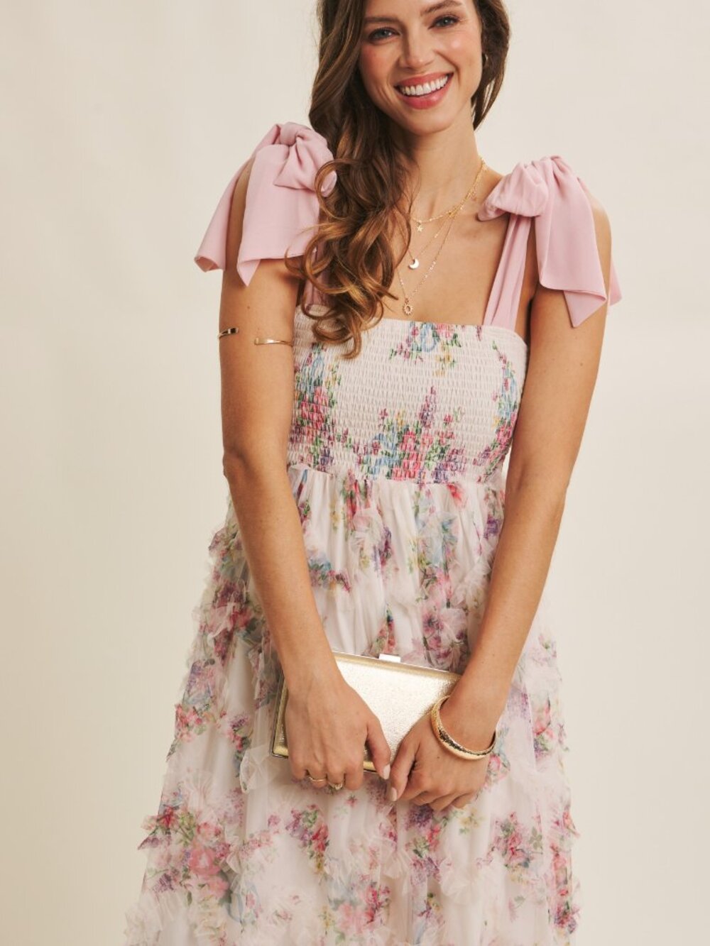 Textured Floral Smocked Midi Dress Tie Straps - Picture 3 of 11